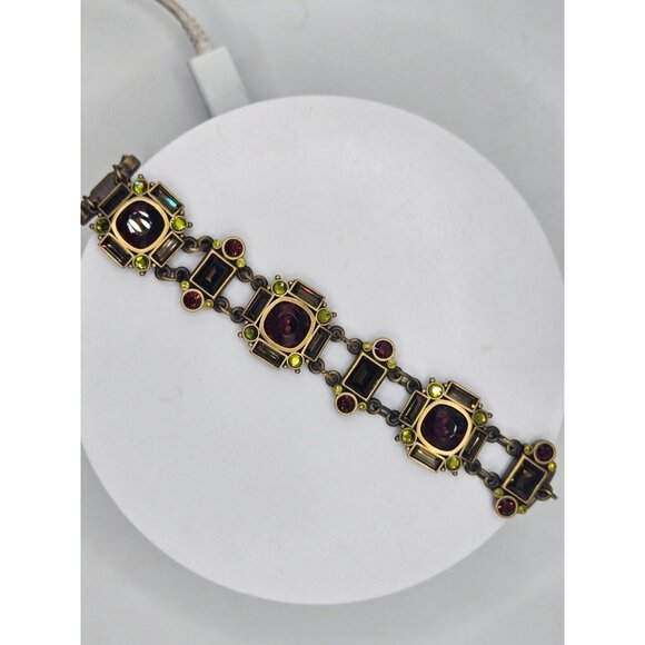 MYKA Swarovski crystal panel bracelet in bronzed brass green burgundy champagne - Picture 4 of 7